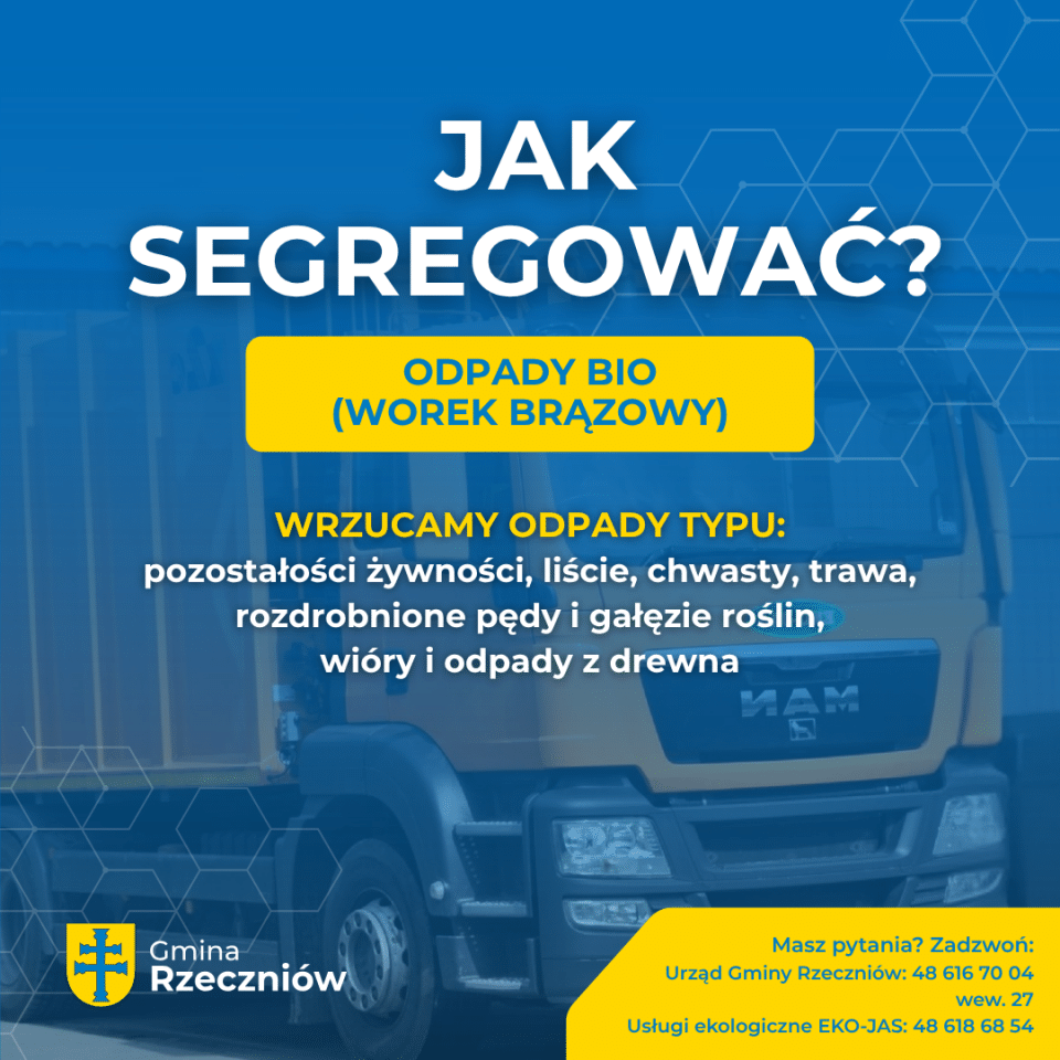 Grafika: Jak segregować? Odpady bio (worek brązowy) (pełna treść grafiki w wersji tekstowej poniżej)